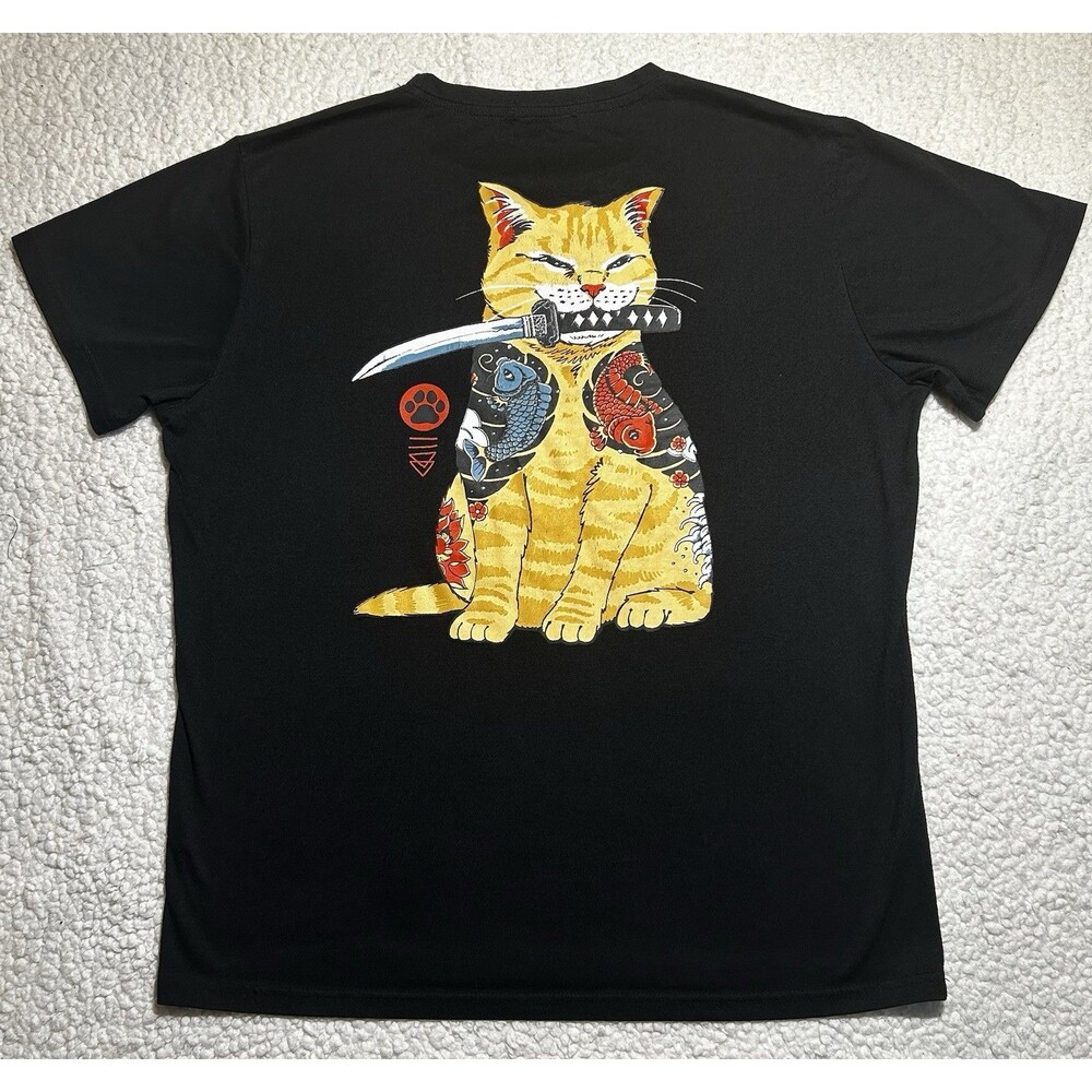 ROMWE Men's Katana Cat Graphic T-Shirt Black Size L Japanese Anime Kawaii Tee